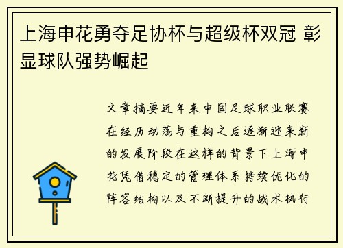 上海申花勇夺足协杯与超级杯双冠 彰显球队强势崛起 上海申花勇夺足协杯与超级杯双冠 彰显球队强势崛起
