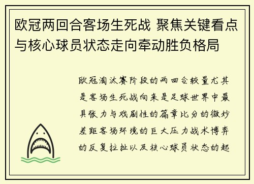 欧冠两回合客场生死战 聚焦关键看点与核心球员状态走向牵动胜负格局 欧冠两回合客场生死战 聚焦关键看点与核心球员状态走向牵动胜负格局
